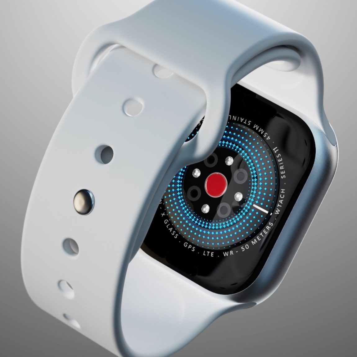 A smartwatch with a circular sensor display, seen from its band