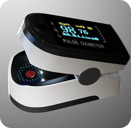 A fingertip pulse oximeter powered by the Biozen sensor, display reading SpO₂ 98 and pulse 76