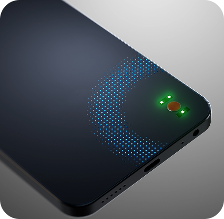 A smartphone with the Biozen sensor array integrated into its back, green PPG LEDs illuminated
