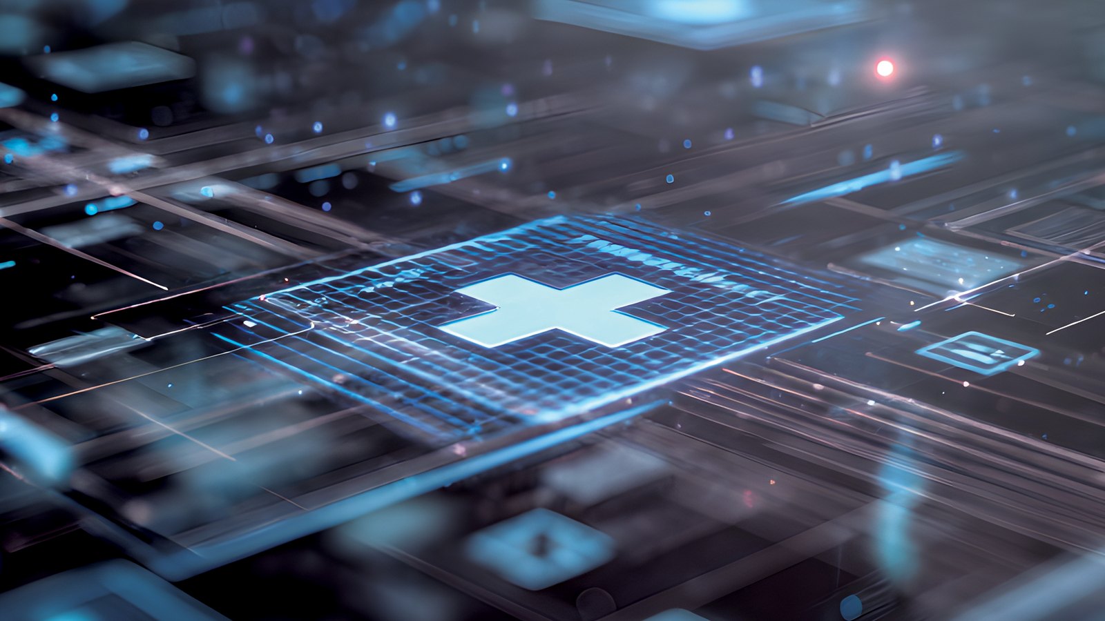 A glowing medical cross on a translucent grid, among blurred squares of blue light.