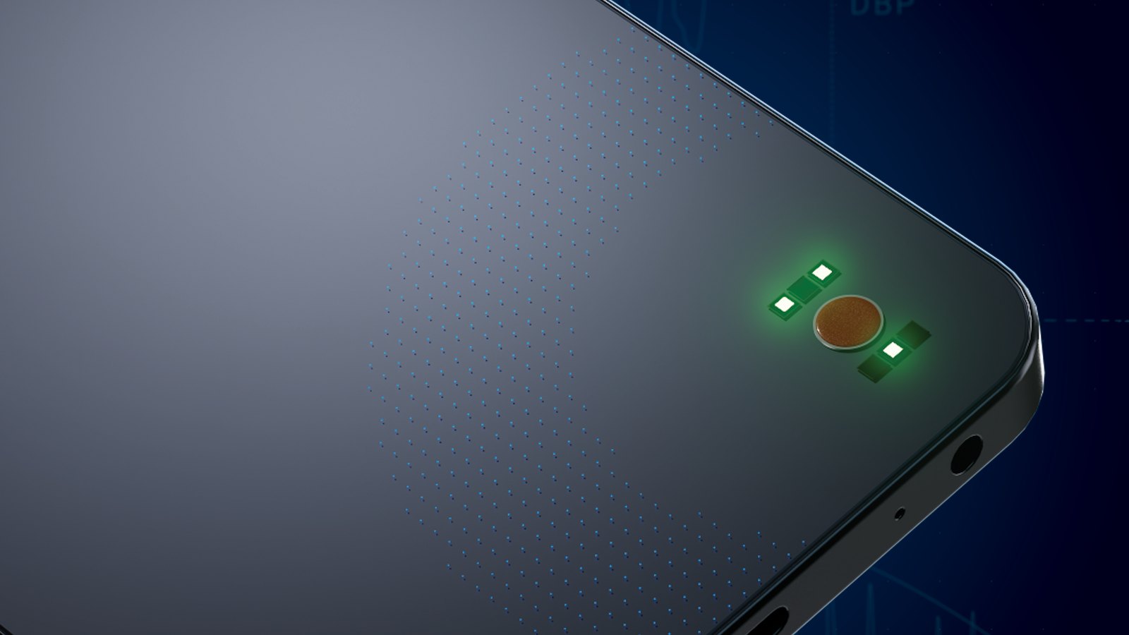 The back of a smartphone with a built-in sensor, a round pad between green lights, over faint blood pressure waveforms.