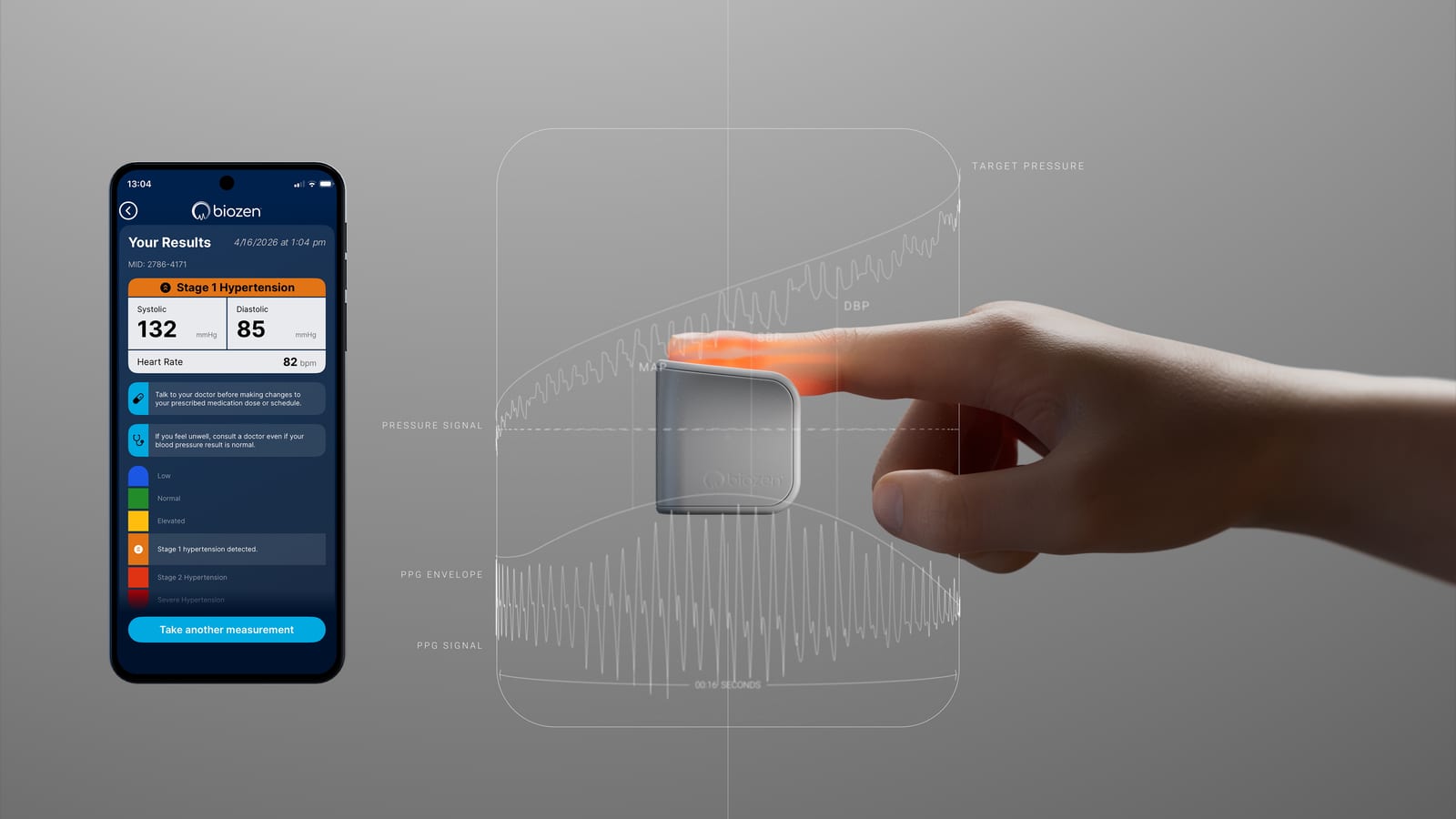 A finger presses a small silver Biozen device, overlaid with line graphs of the pressure and PPG signals. Beside it, a phone shows the Biozen app's results screen: 132/85 mmHg, heart rate 82 bpm, Stage 1 Hypertension.