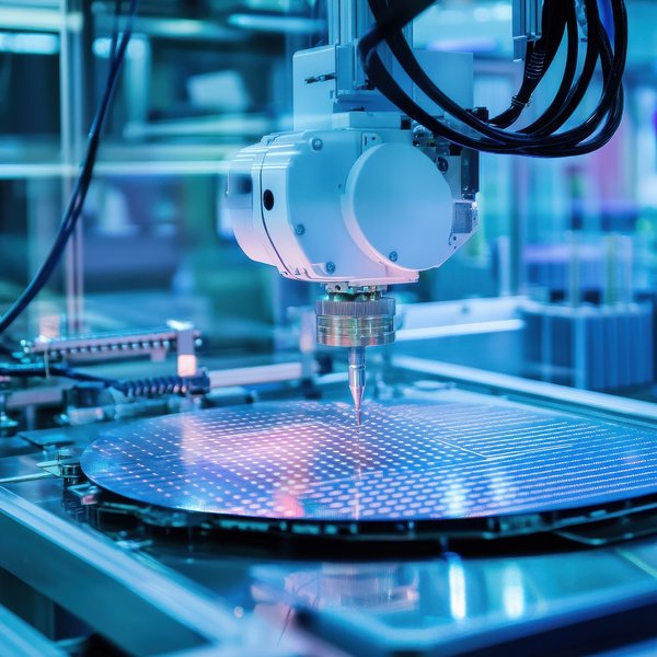 A robotic probe lowered over a silicon wafer in a lab