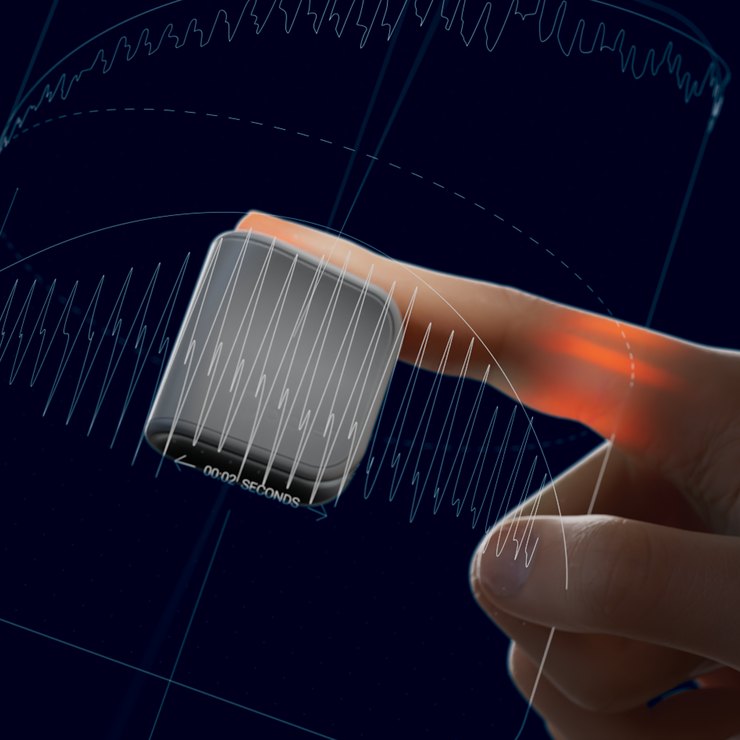 A fingertip presses a small silver Biozen device, overlaid with pulse waveforms on a dark blue background.