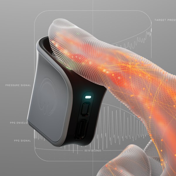 A fingertip on the Biozen device, with pressure and PPG signal traces behind it
